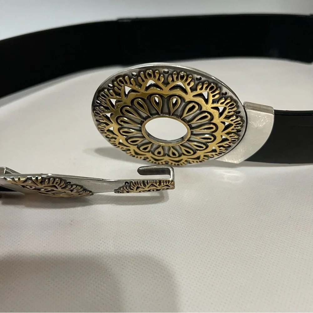 Chico’s Black Wide Leather Adjustable Belt Silver Gold Circle Buckle
